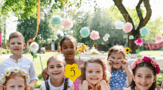 Children at a birthday party in a garden