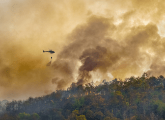 Helicopter Carrying Water to Extinguish Forest Fire